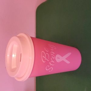 Pink / White Plastic "Be Strong" (Breast Cancer Awareness) Coffee Cup With Lid